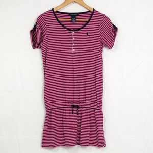 Ralph Lauren Girls Large 12-14 Pink Navy Blue Striped Short Sleeve Cotton Dress